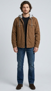 Jackero dark tan work wear jacket featuring a spacious attached hood and sturdy zip front closure.