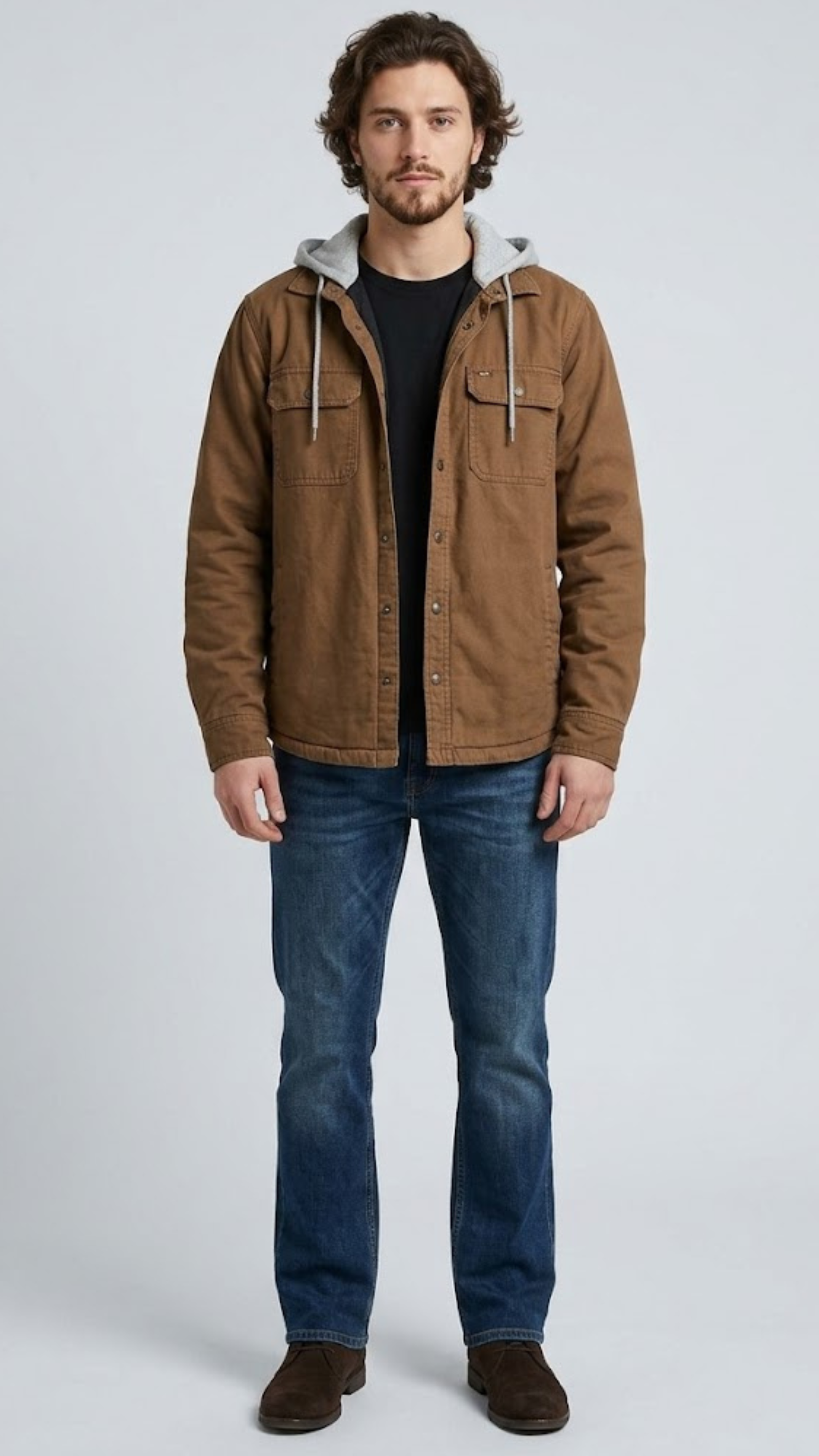 Jackero dark tan work wear jacket featuring a spacious attached hood and sturdy zip front closure.