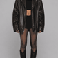 a women's darkest black aviator leather jacket featuring an oversized baggy silhouette and classic pilot collar zip front.