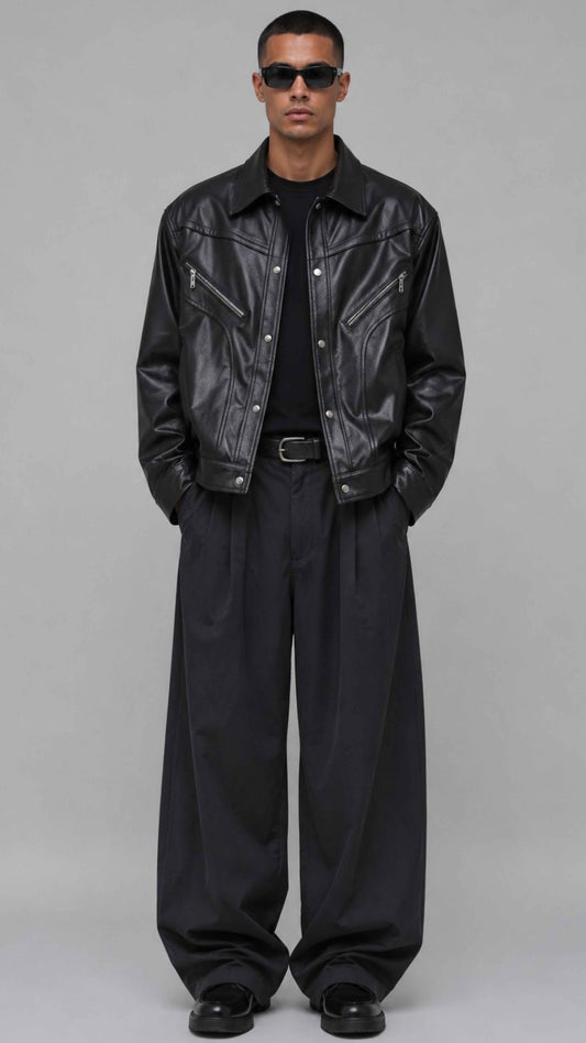 Front full view of a men's darkest black leather baggy jacket showcasing an ultra-deep jet-black shade and clean zip front.