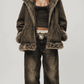 darkest olive green suede jacket featuring a plush fur-trimmed collar and oversized Y2K baggy fit.