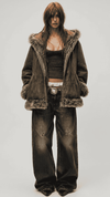 darkest olive green suede jacket featuring a plush fur-trimmed collar and oversized Y2K baggy fit.