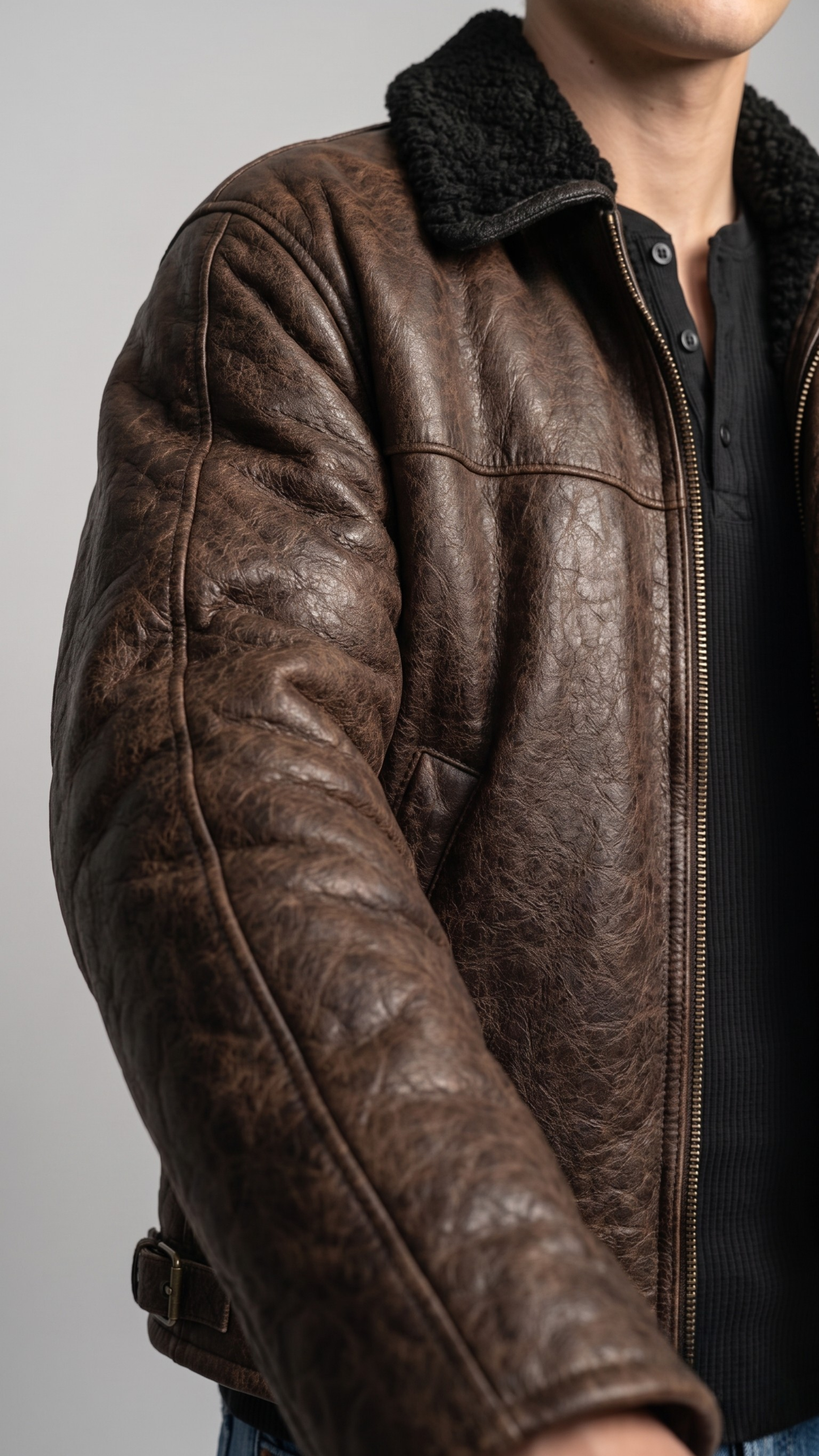 Close-up detail highlighting the smooth dark brown leather panels paired with thick, soft black shearling on the lapels