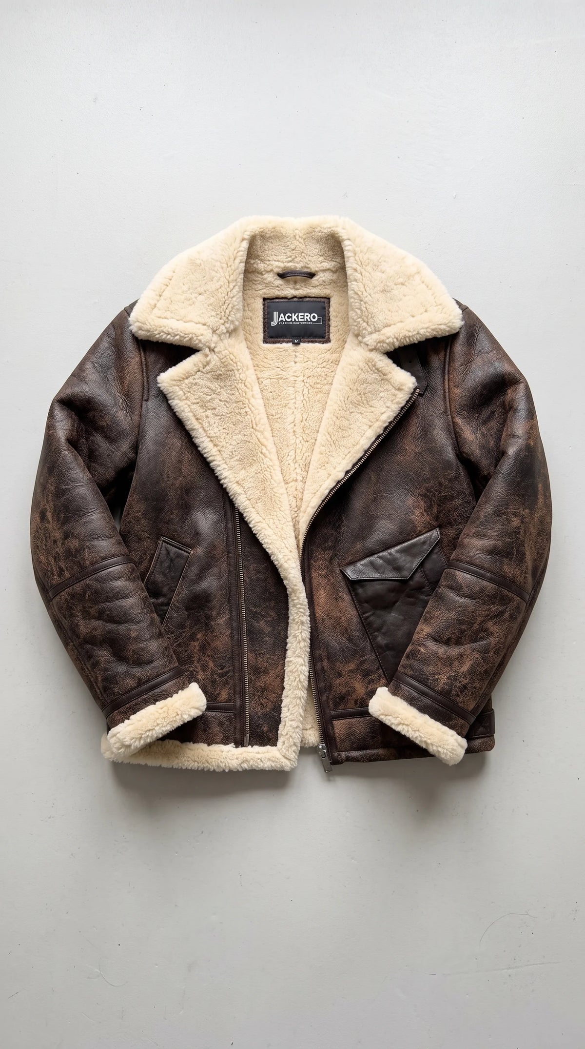 Dark brown distressed genuine leather aviator jacket opened to reveal its thick cream faux-shearling interior and JACKERO neck label, with a full-length asymmetrical silver zipper, contrasting leather pockets and plush cuff trim for a statement winter design.