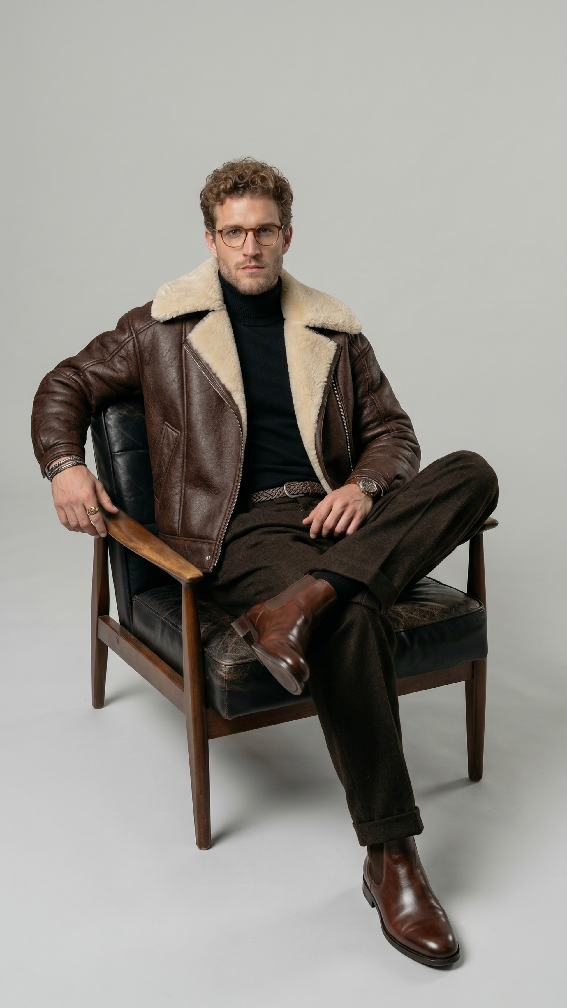 Man wearing a brown leather jacket with fur collar sitting on a chair against a gray background