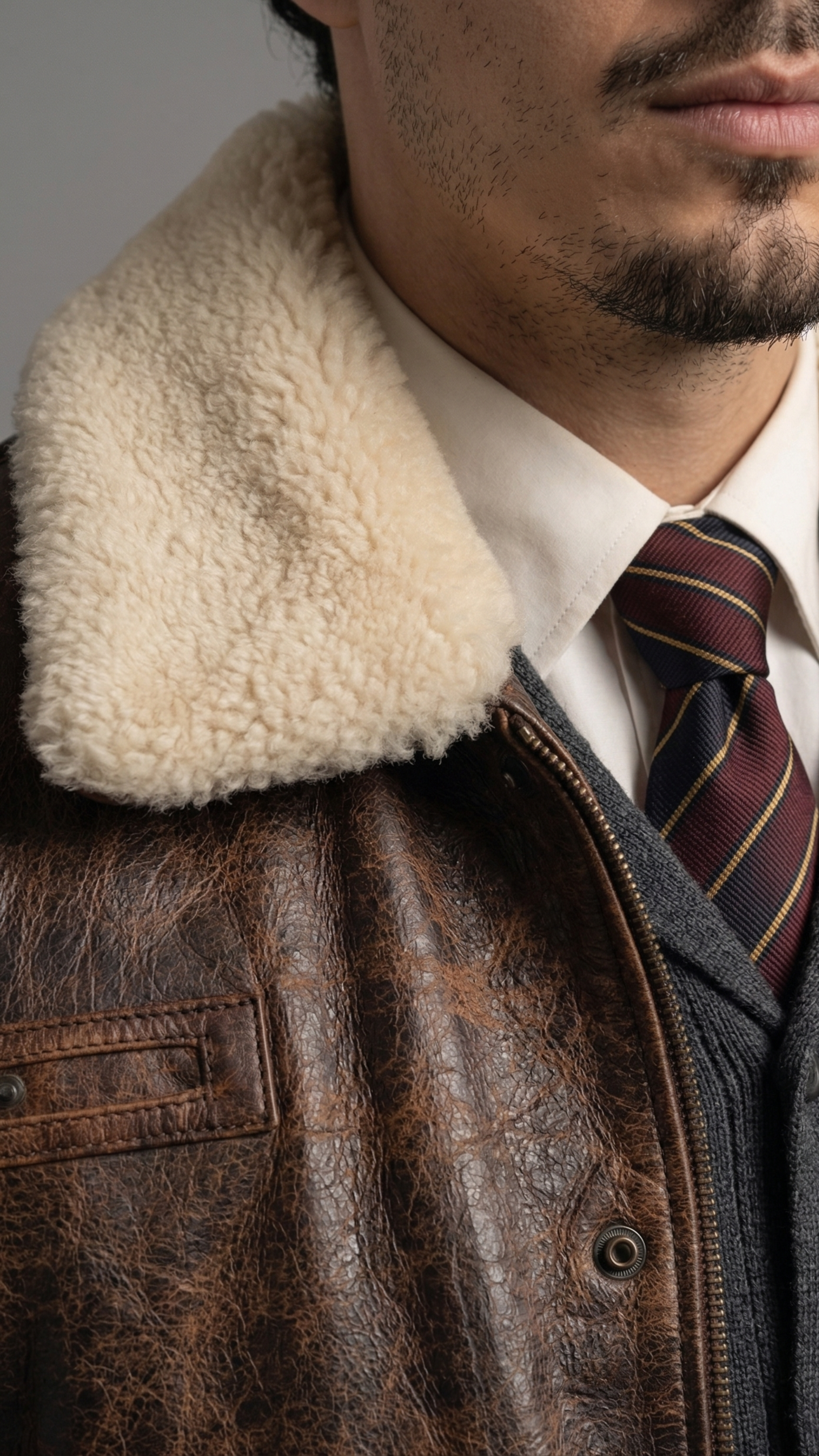 Man wearing a brown leather jacket with a cream fur collar.