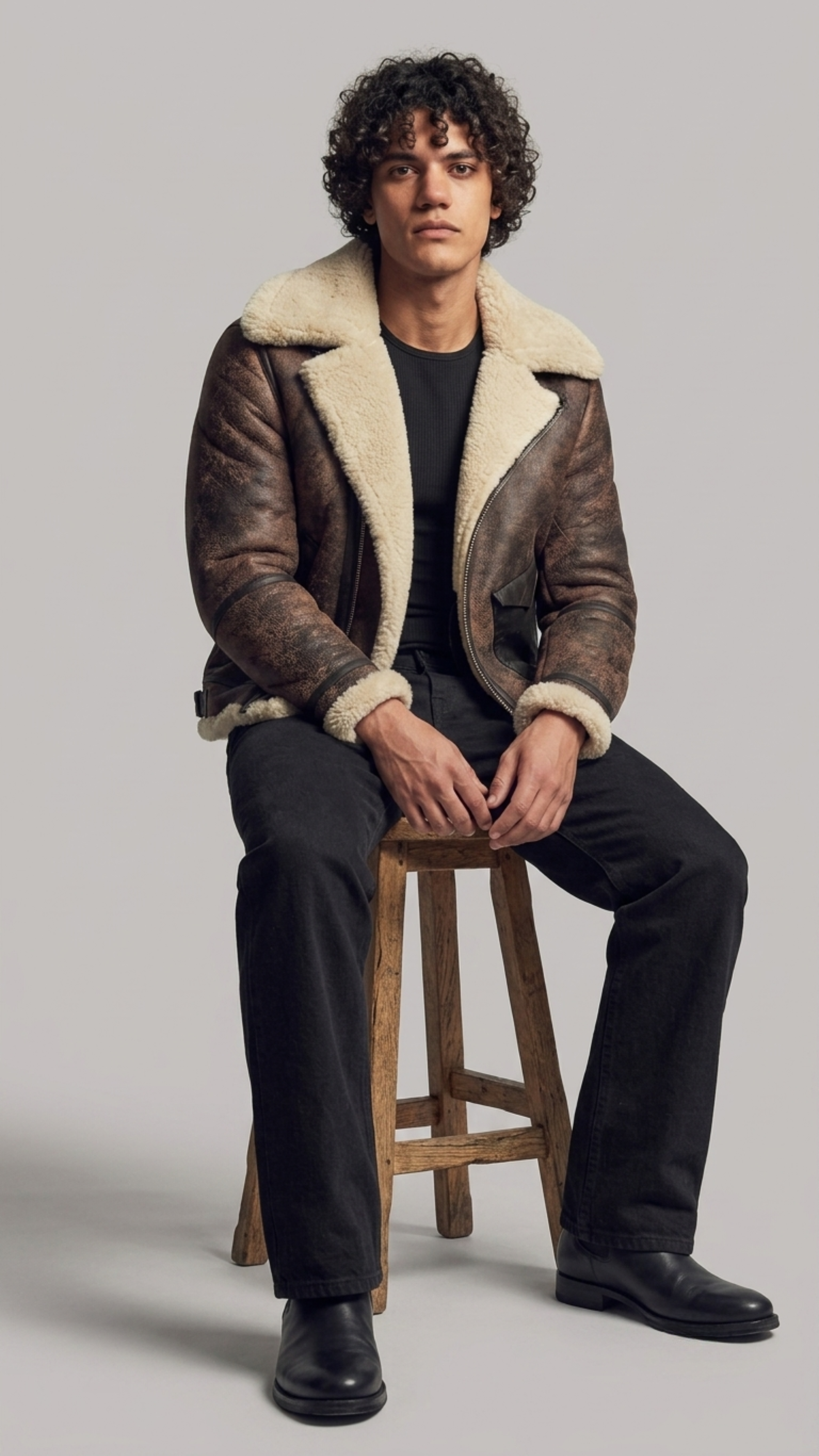 Man wearing a brown leather jacket with white fur lining, sitting on a wooden stool against a plain background.