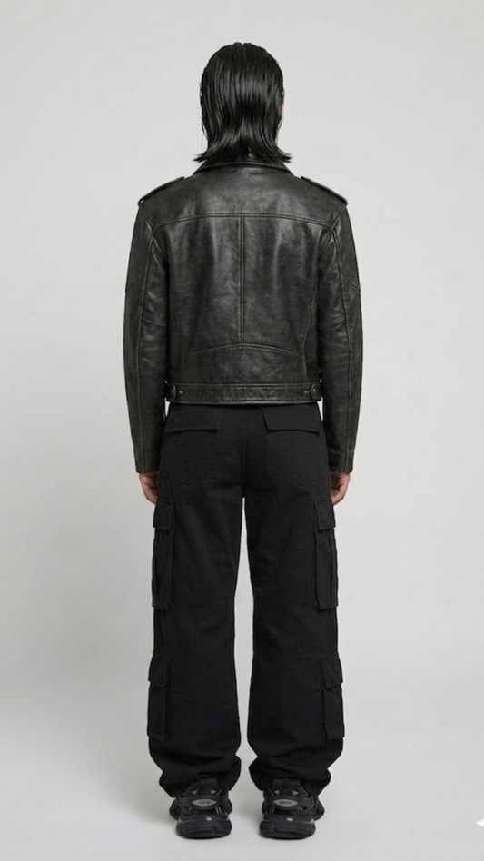 Straight-on back view of a minimalist black café racer leather jacket showcasing its structured paneling and fitted silhouette.