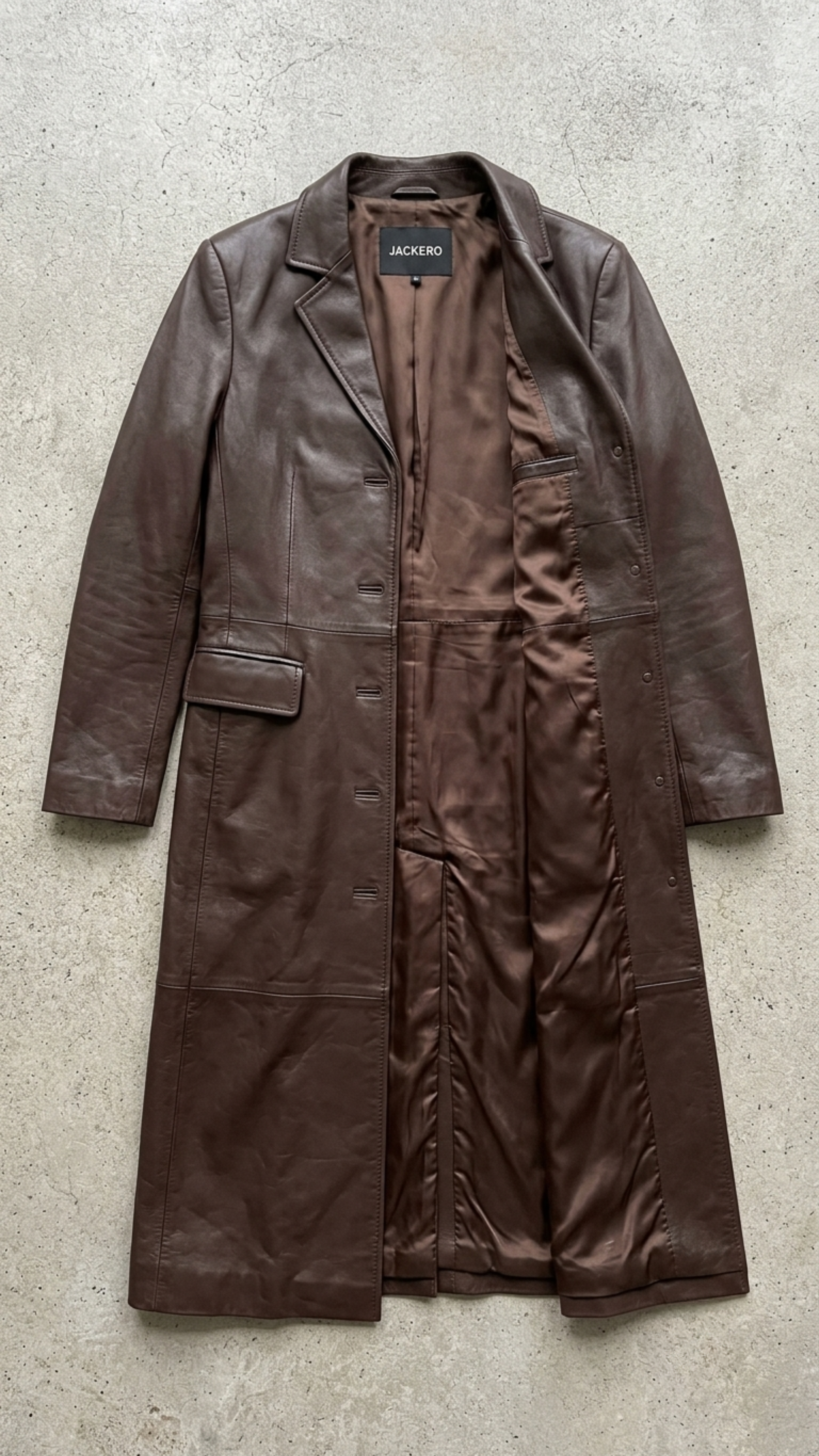 Detailed view of the lapels and button design on a high-quality chocolate brown leather overcoat.