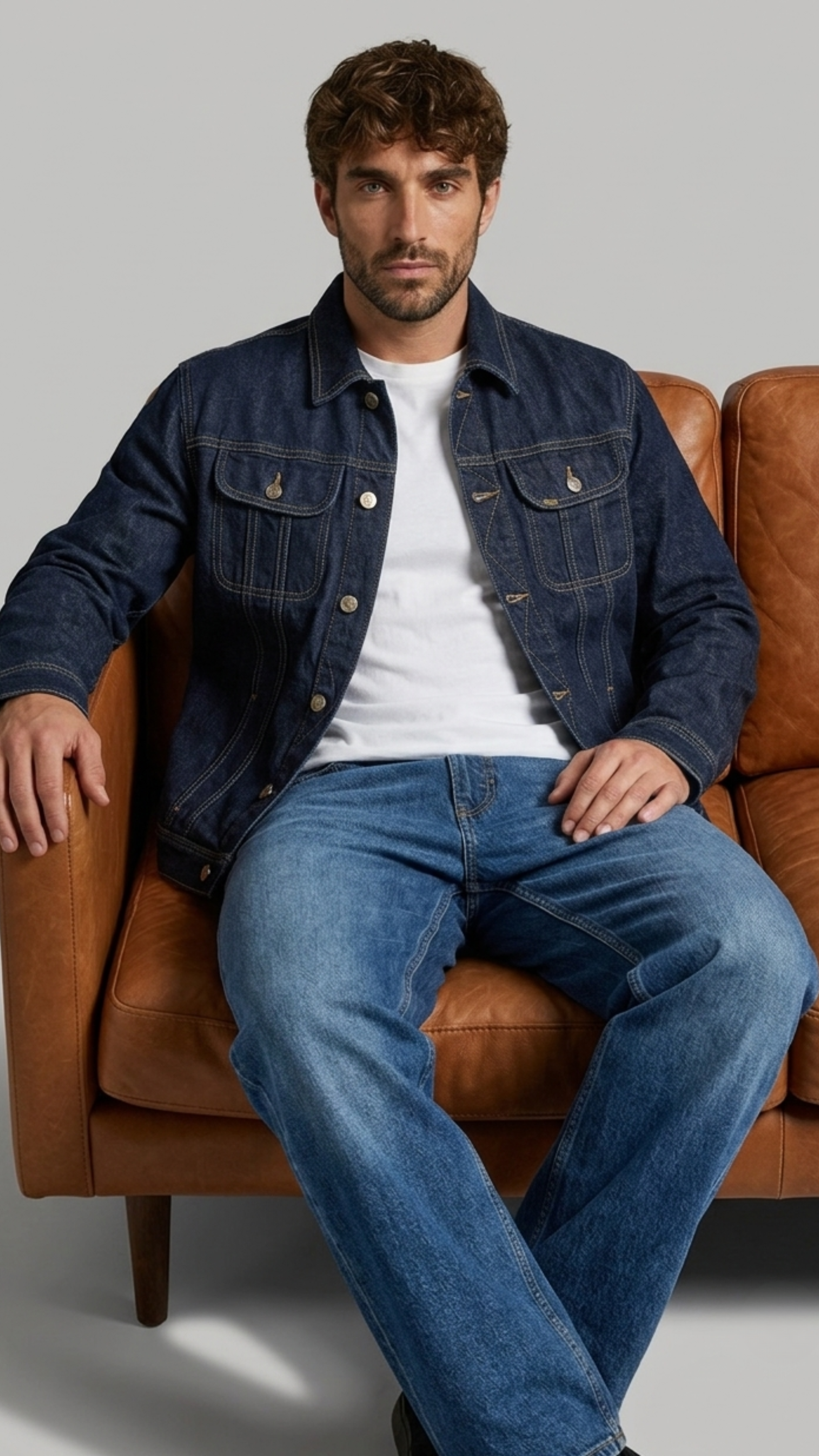 Man wearing a denim jacket and jeans sitting on a brown leather couch against a gray background