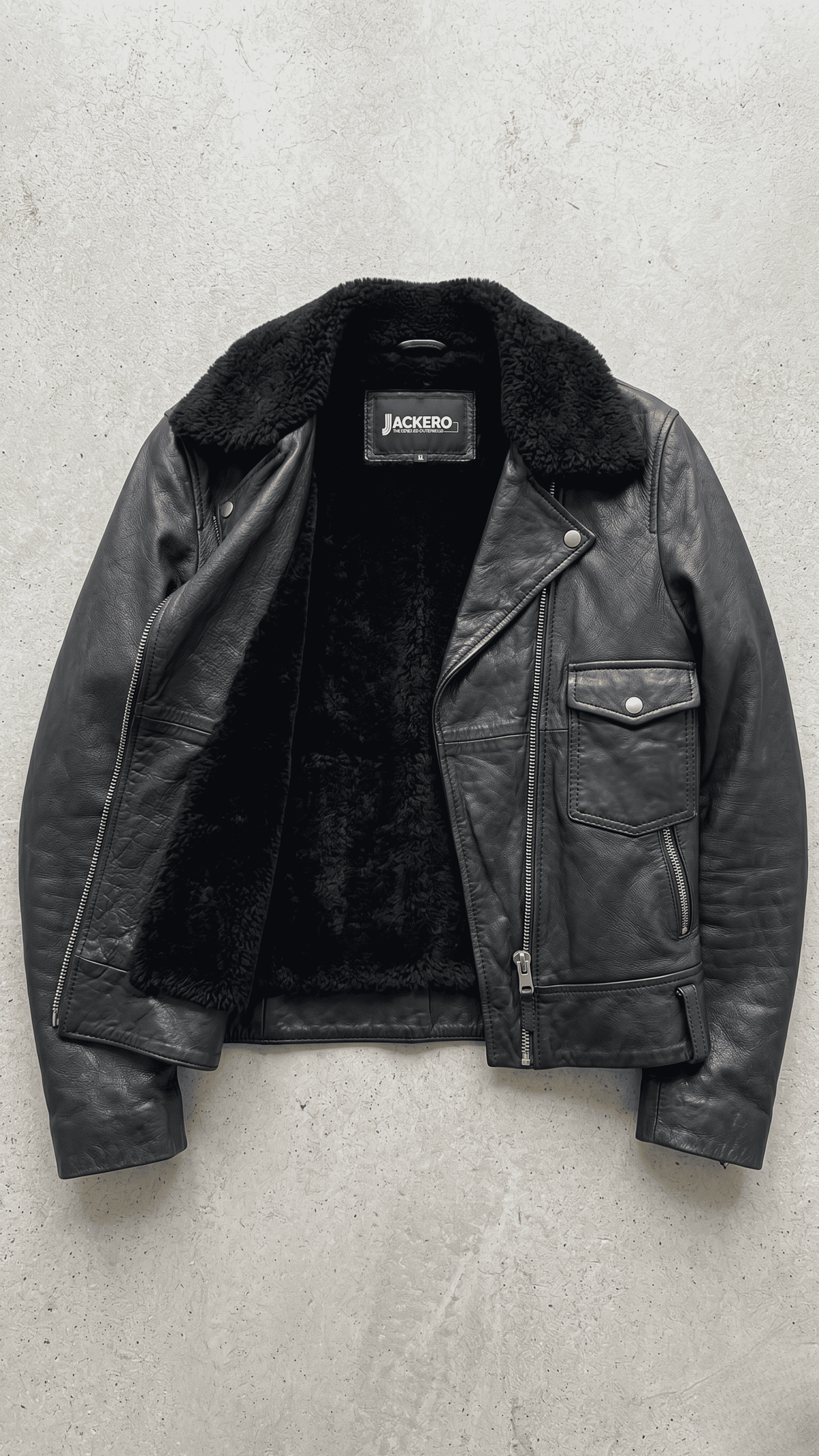 the Jackero premium tier black leather biker jacket on a clean studio background, emphasizing master craftsmanship.
