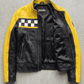 Detail view of the classic snap-button band collar and premium stitching on a Jackero black and yellow leather jacket.