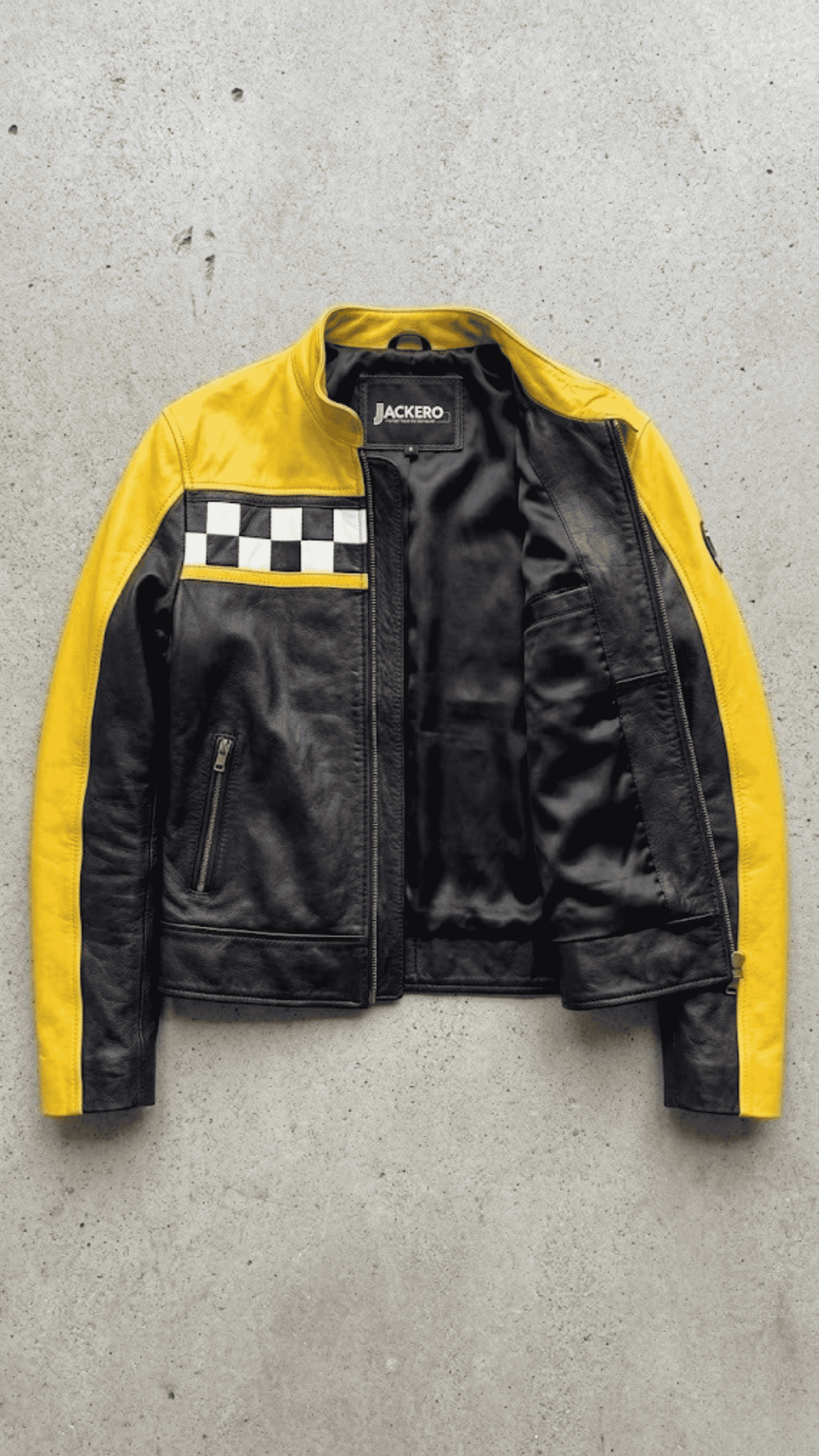 Detail view of the classic snap-button band collar and premium stitching on a Jackero black and yellow leather jacket.