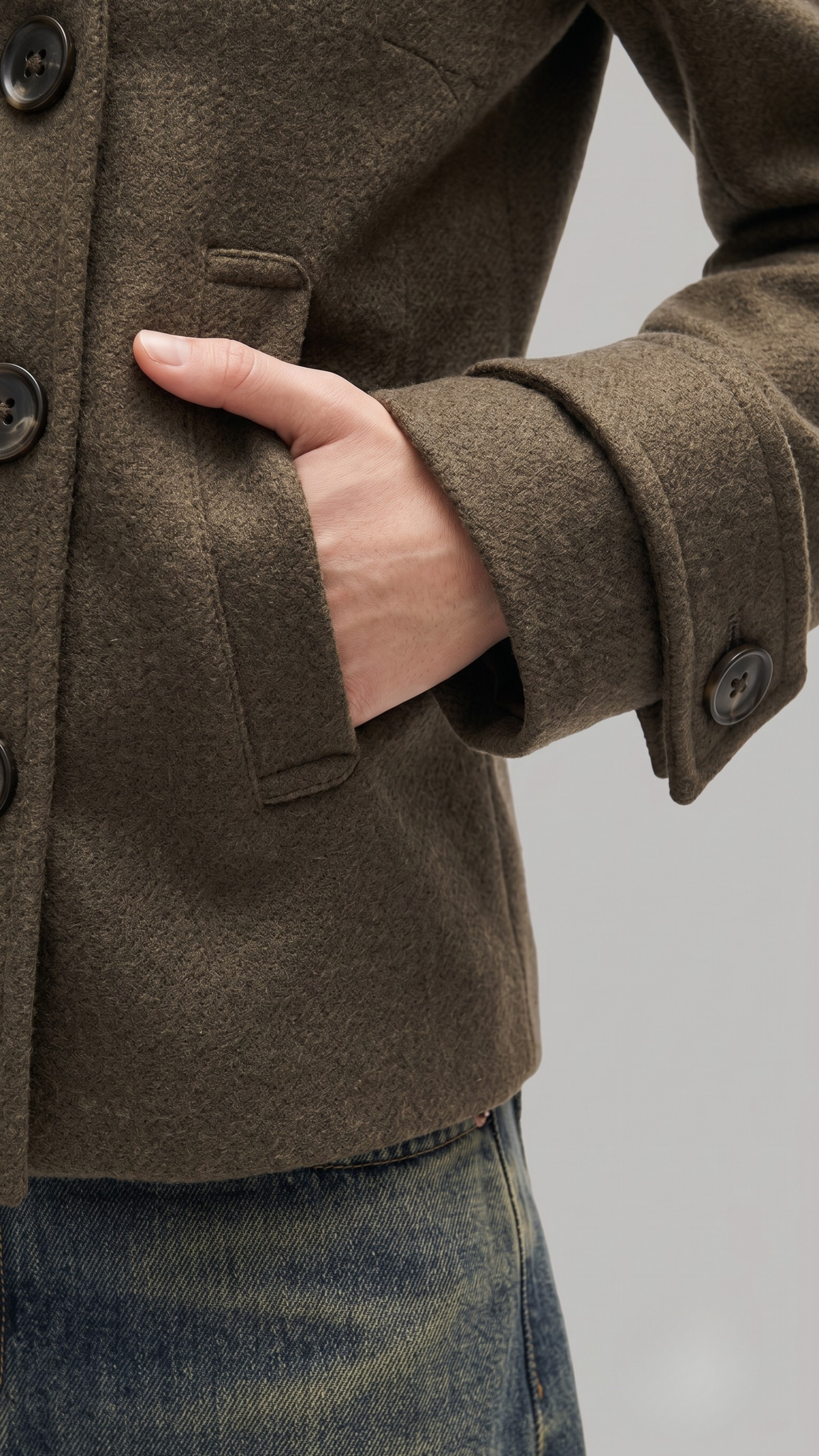 Close-up of a person wearing a brown wool pea coat on a plain background