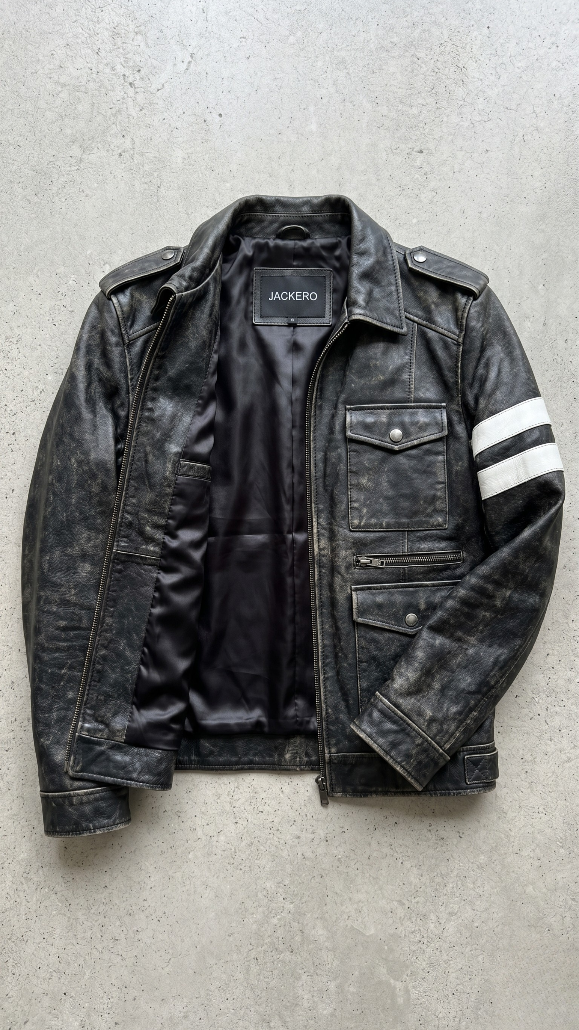 Authentic Jackero premium black leather cafe racer jacket captured against a solid grey studio backdrop for high-end e-commerce presentation.