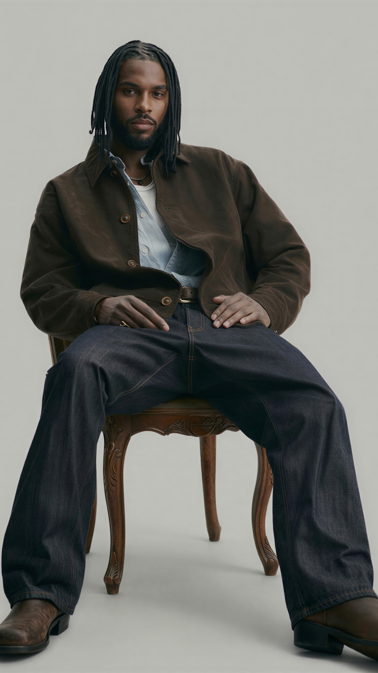 Man sitting on a chair wearing a brown coat and dark pants against a plain background