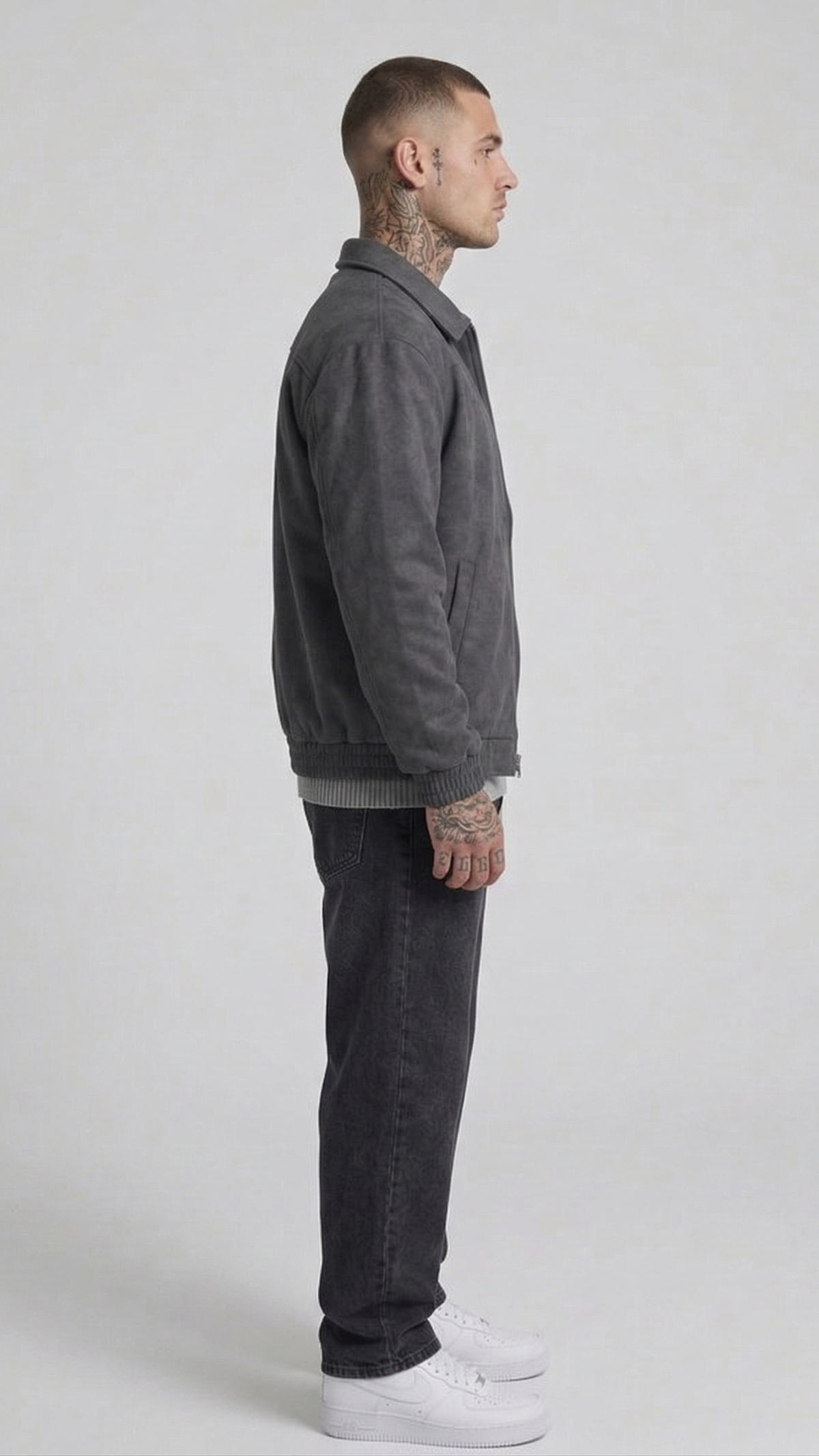 structured deep charcoal grey suede jacket for a premium aesthetic