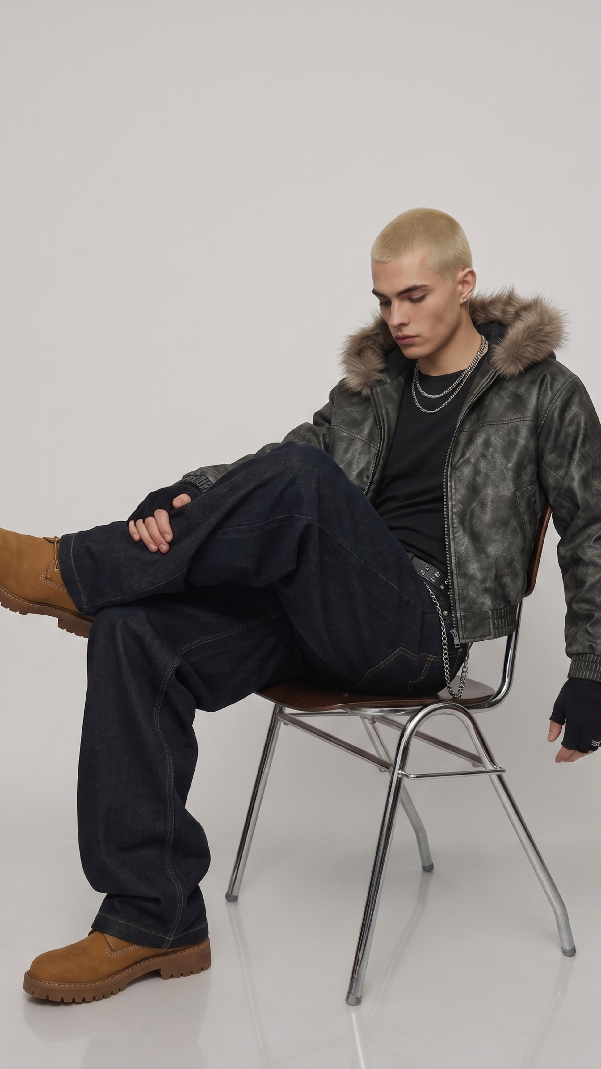 Premium black distressed hooded leather jacket paired with vintage blue boot-cut denim jeans.