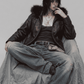 Urban fashion presentation featuring a baggy dark red vine leather jacket accented with black fur, styled for a high-contrast winter outfit.