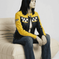 Symmetrical full-body catalog photography of a women's bold two-tone black and yellow racing style leather outerwear.
