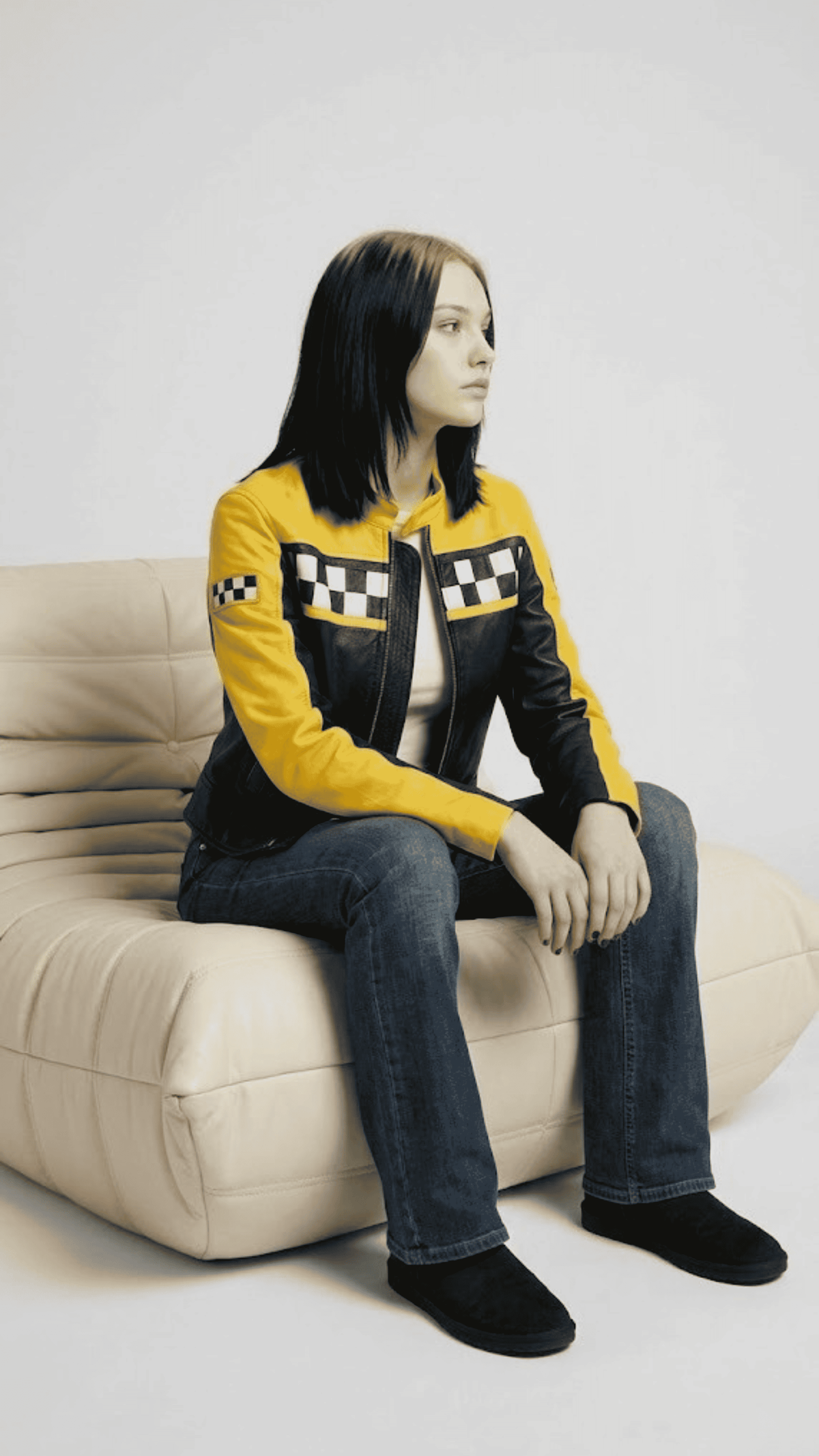 Symmetrical full-body catalog photography of a women's bold two-tone black and yellow racing style leather outerwear.