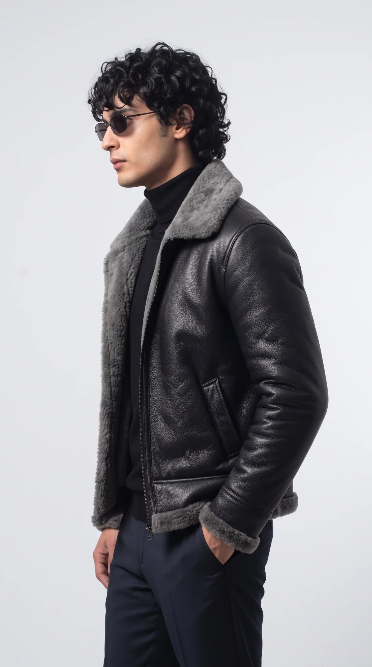 Upgrade your cold-weather arsenal with this heavyweight Jackero black leather aviator jacket, showcasing contrasting grey shearling details for a rugged, high-end urban look.