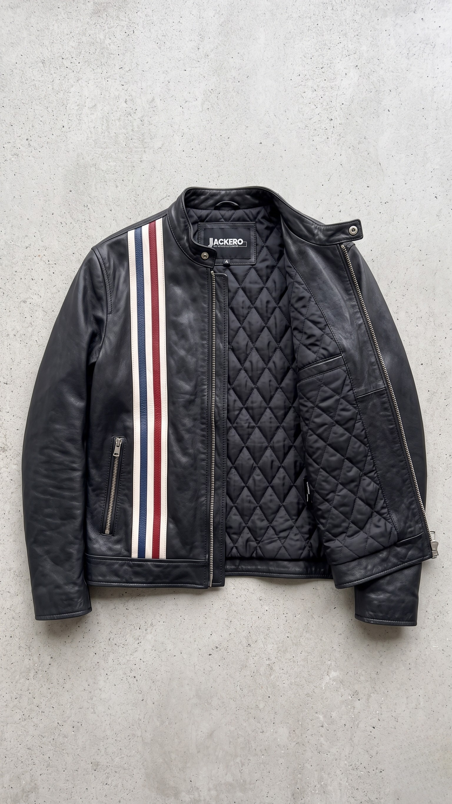 Jackero dark black striped leather jacket displayed elegantly against a clean studio backdrop.