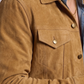 Close-up shot highlighting the rich, velvety texture of the camel brown suede fabric and premium hardware zipper details.