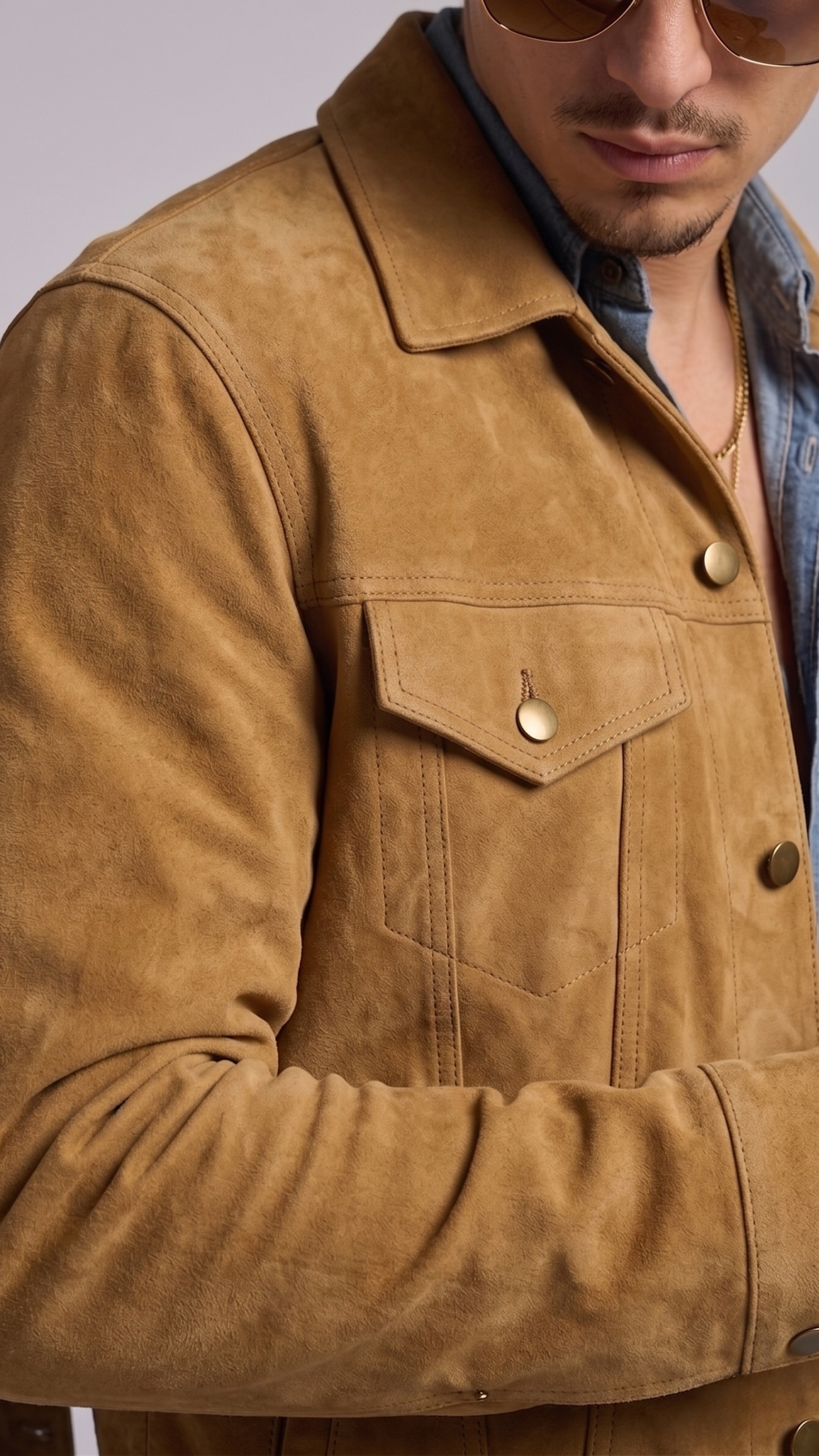 Close-up shot highlighting the rich, velvety texture of the camel brown suede fabric and premium hardware zipper details.