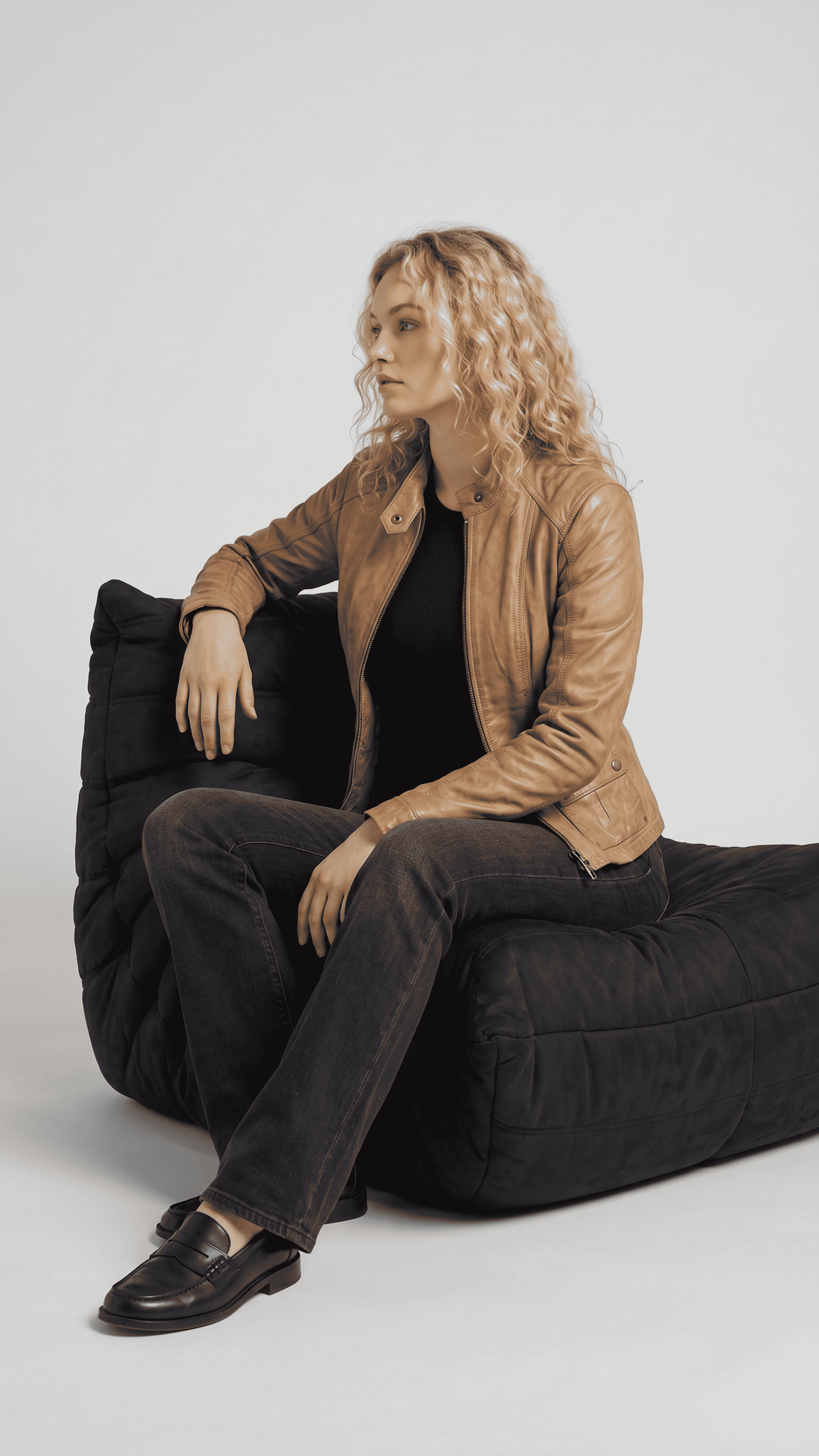 Bright lifestyle fashion layout featuring a versatile tan brown leather outerwear piece, ideal for daytime smart-casual styling.