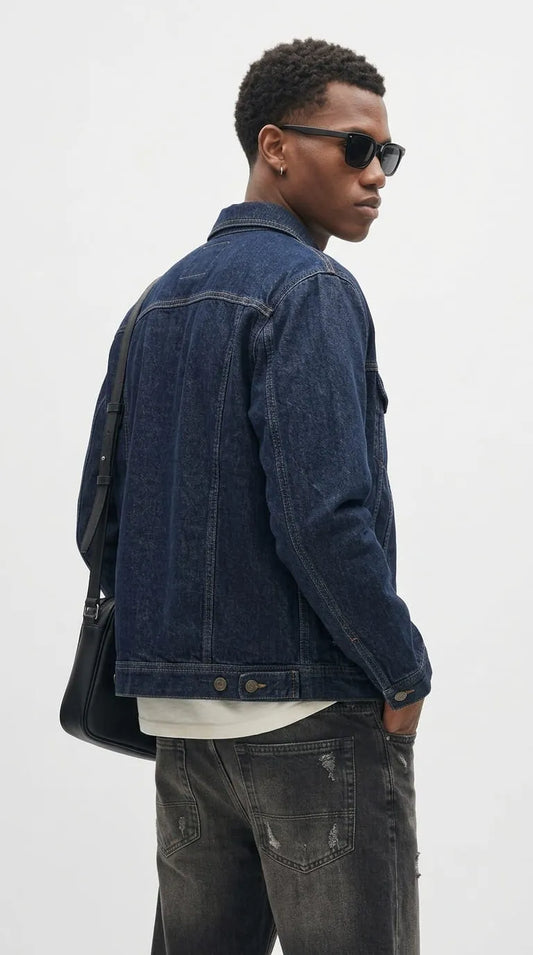 A highly engaging deep navy jean jacket by Jackero, expertly designed for the modern fashion enthusiast who craves authentic and bold streetwear style.