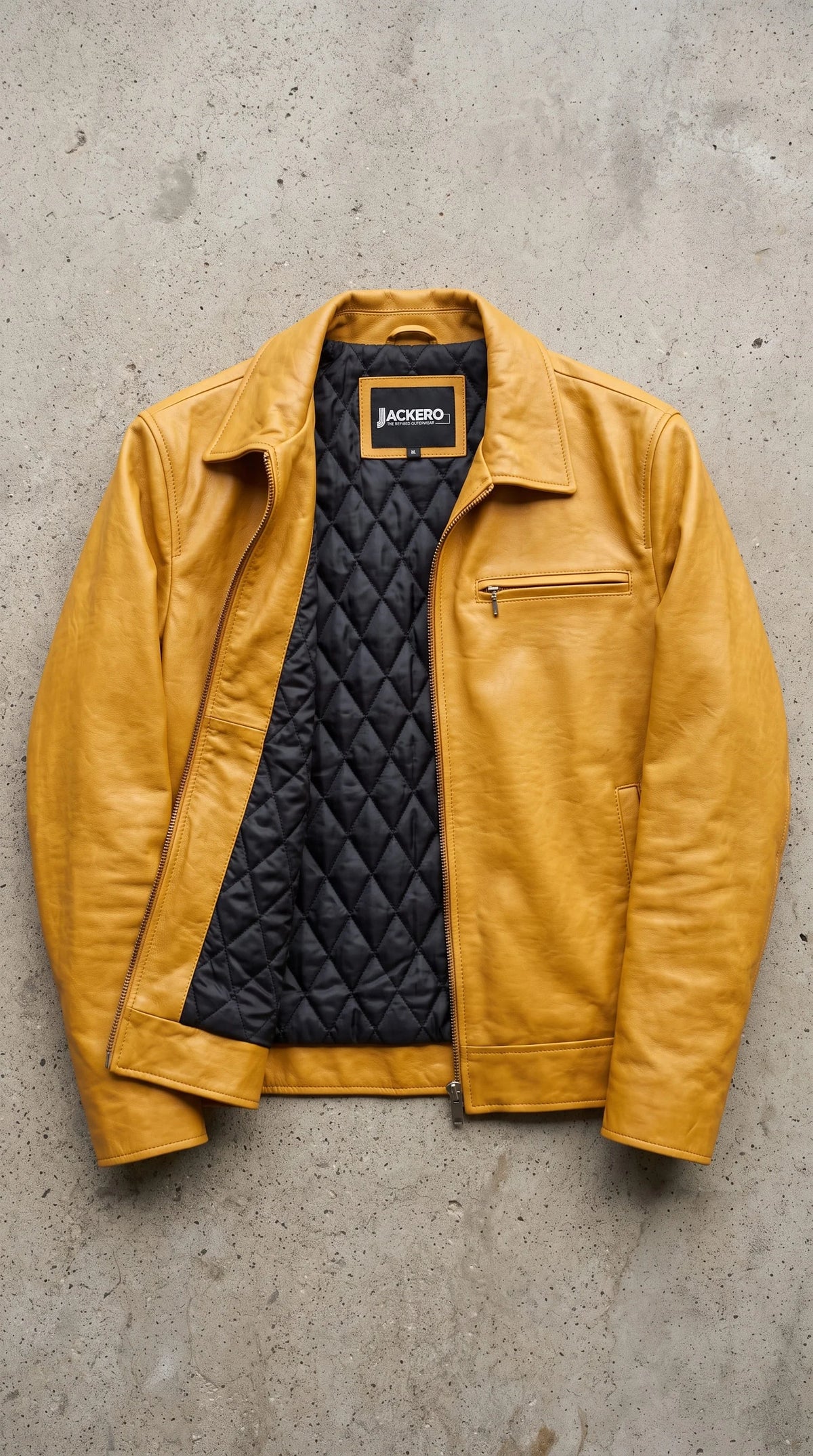 Express your vibrant personality through this chic Jackero yellow leather apparel, the perfect engaging outerwear to complete a confident, head-turning streetwear look.