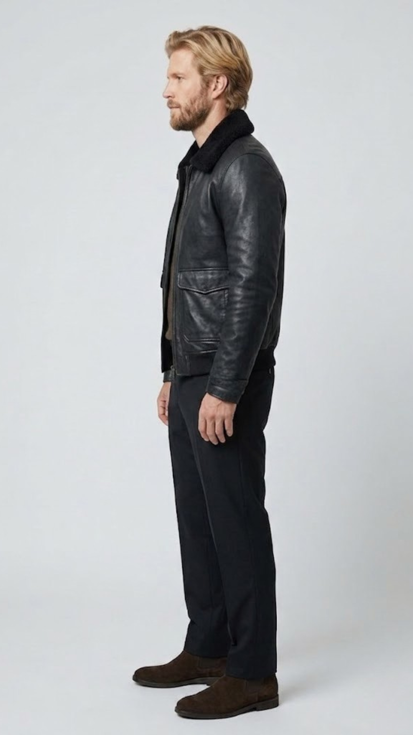 Jackero jacket functional side pockets, and premium hardware of a black leather bomber coat.