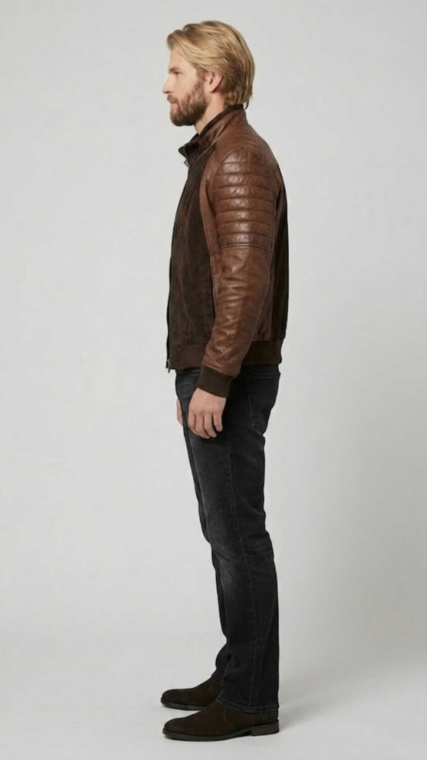 structured brown quilted suede jacket highlighting its tailored fit and clean panel lines on a grey backdrop.
