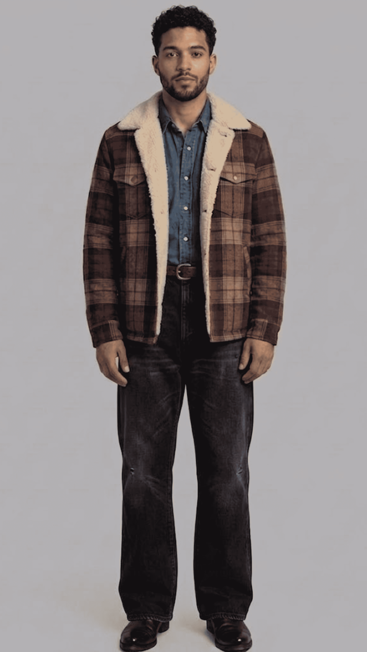 Jackero flannel checked shearling jacket showing the classic plaid pattern and thick white fur collar.