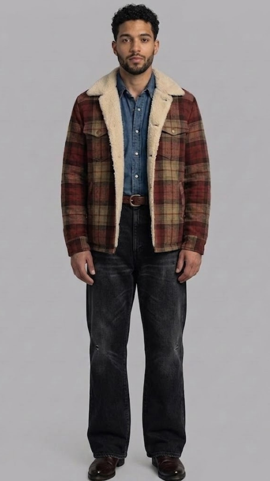 Jackero flannel checked shearling jacket showing the classic plaid pattern and thick white fur collar.