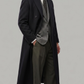 Professional long black wool coat ideal for formal winter events and office wear.
