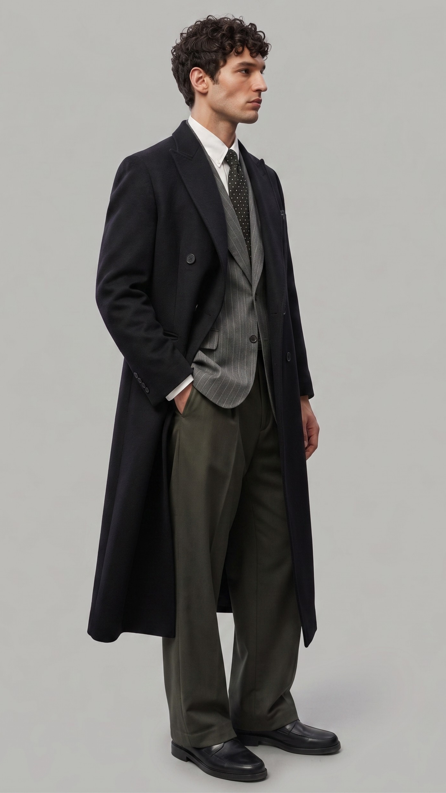 Professional long black wool coat ideal for formal winter events and office wear.