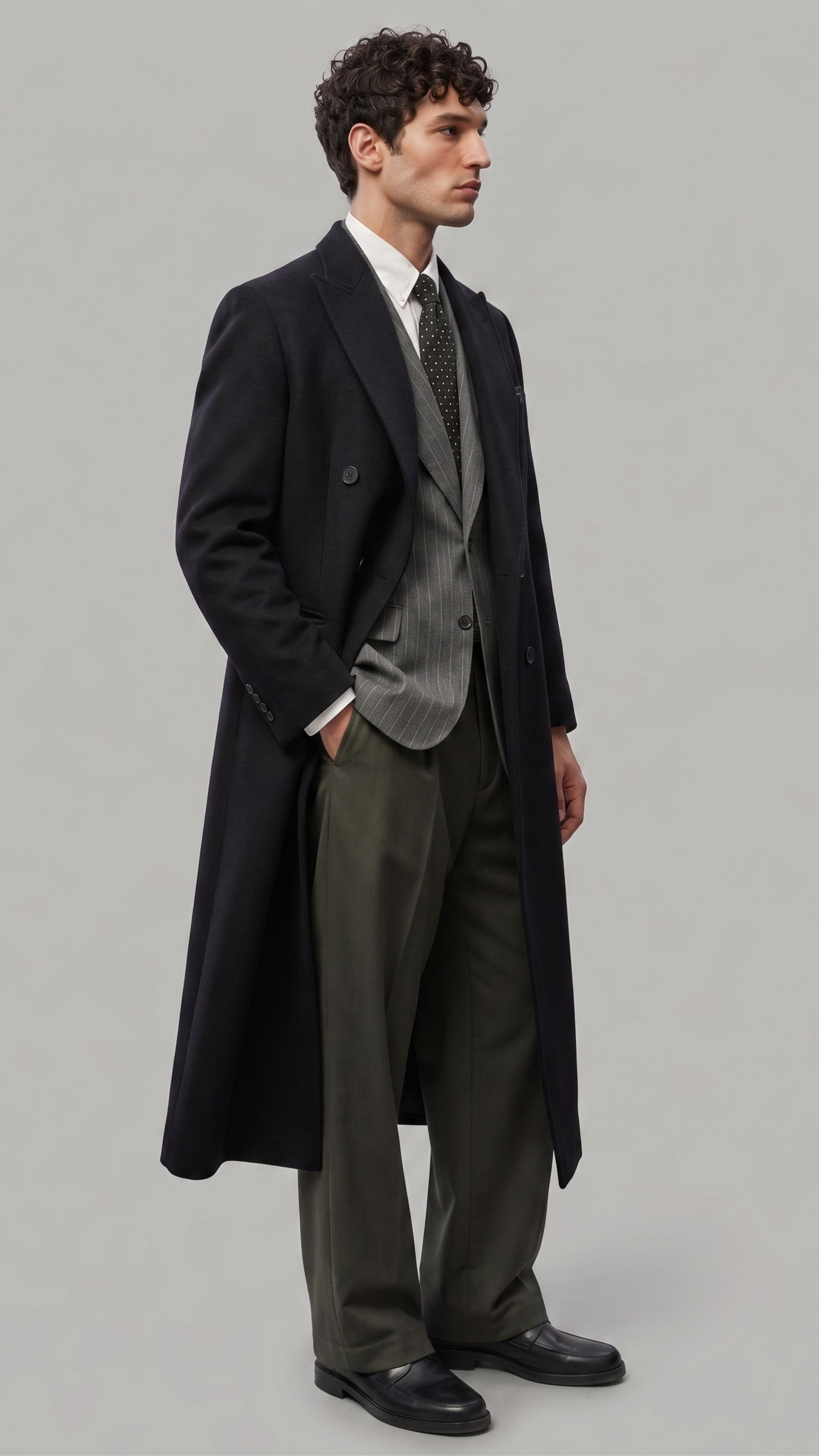 Professional long black wool coat ideal for formal winter events and office wear.