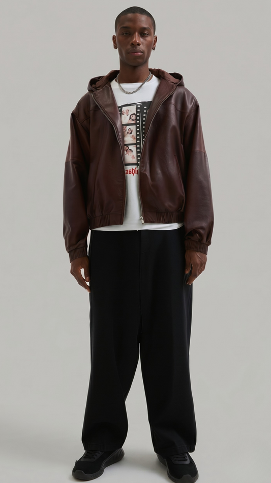 Premium dark maroon leather bomber jacket with an adjustable drawstring hood, featuring front zip closure and ribbed cuffs by Jackero.