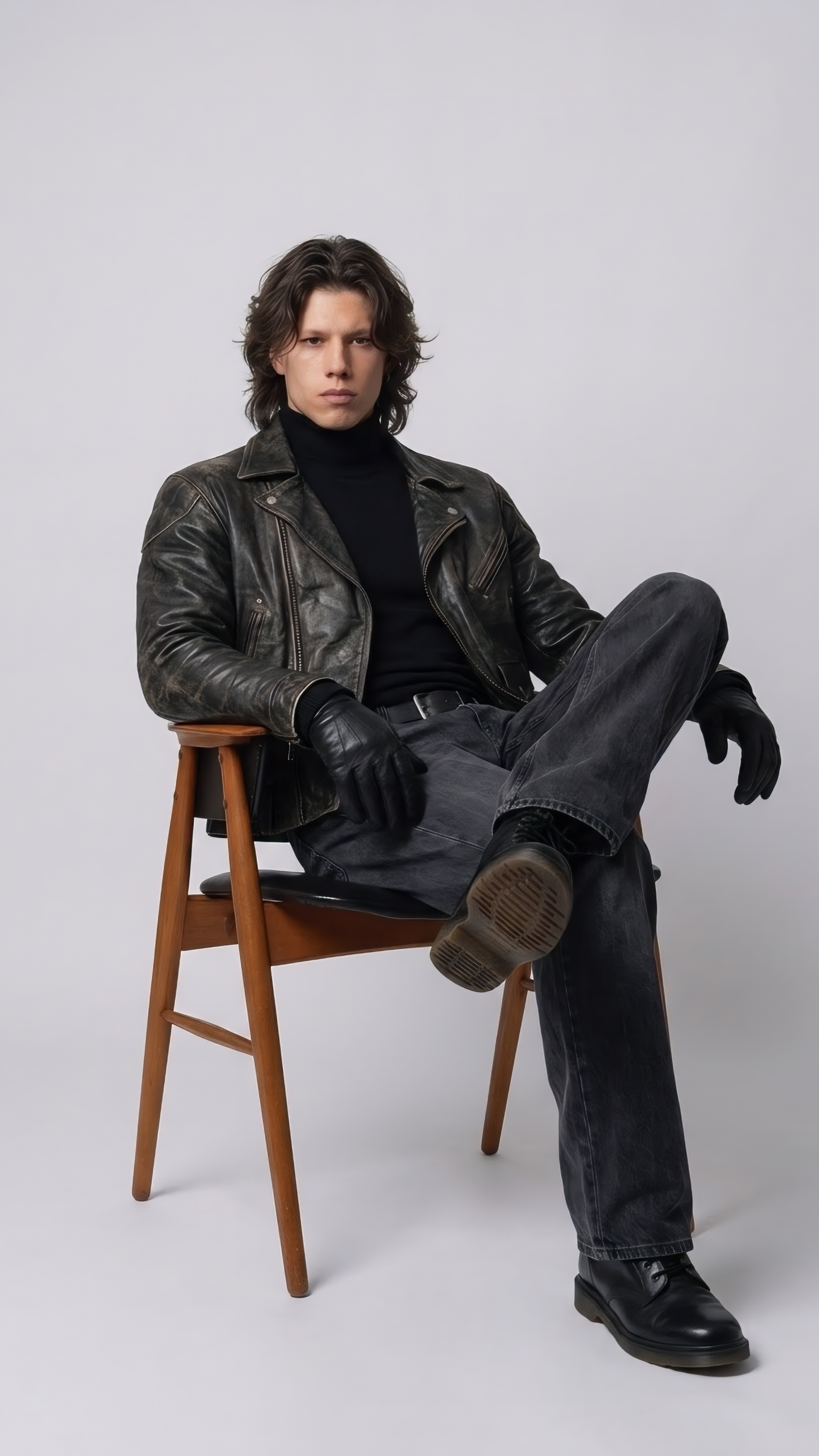 Man sitting on a wooden stool wearing a leather jacket and black gloves against a white background