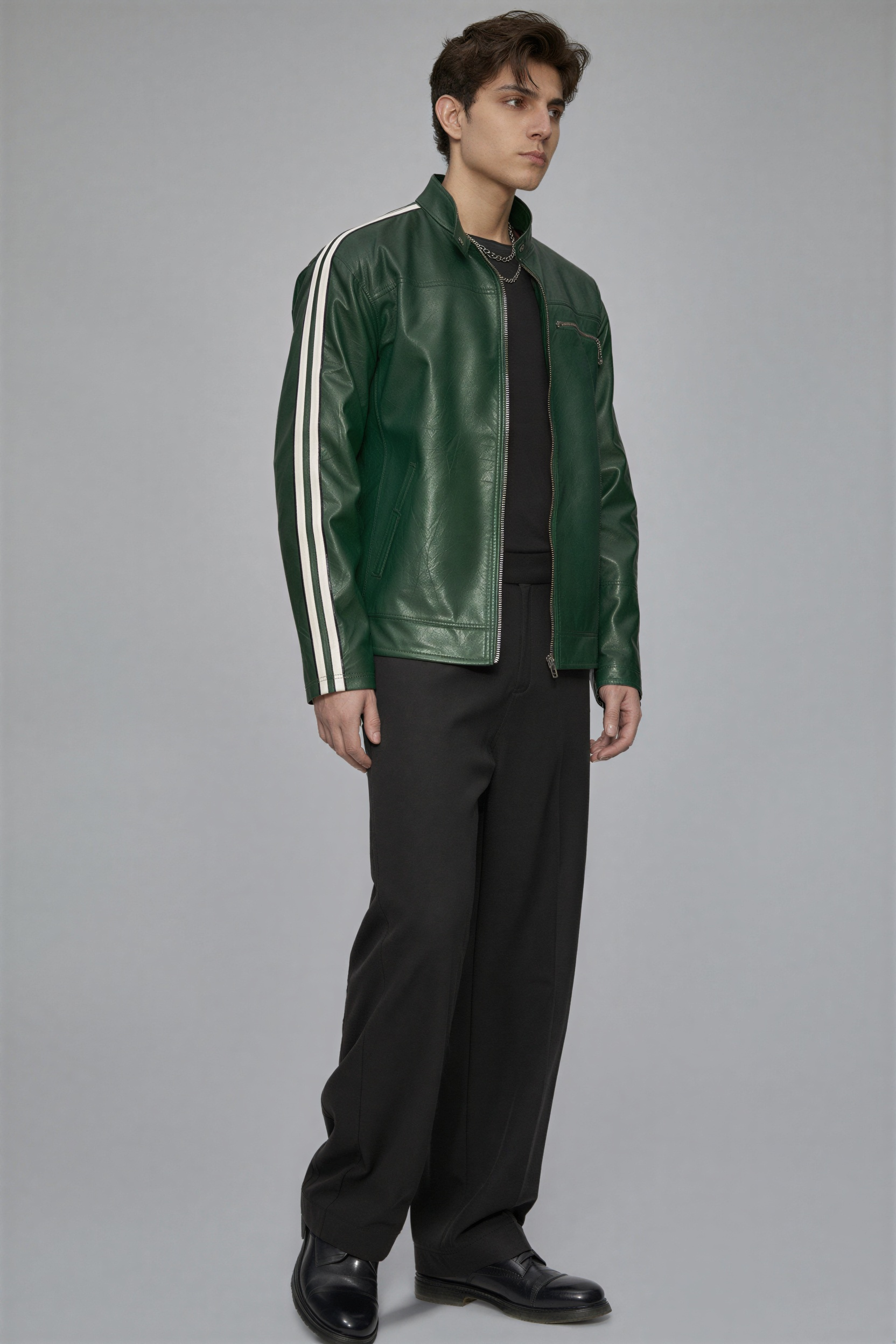 Man wearing a green leather jacket with white stripes on a gray background