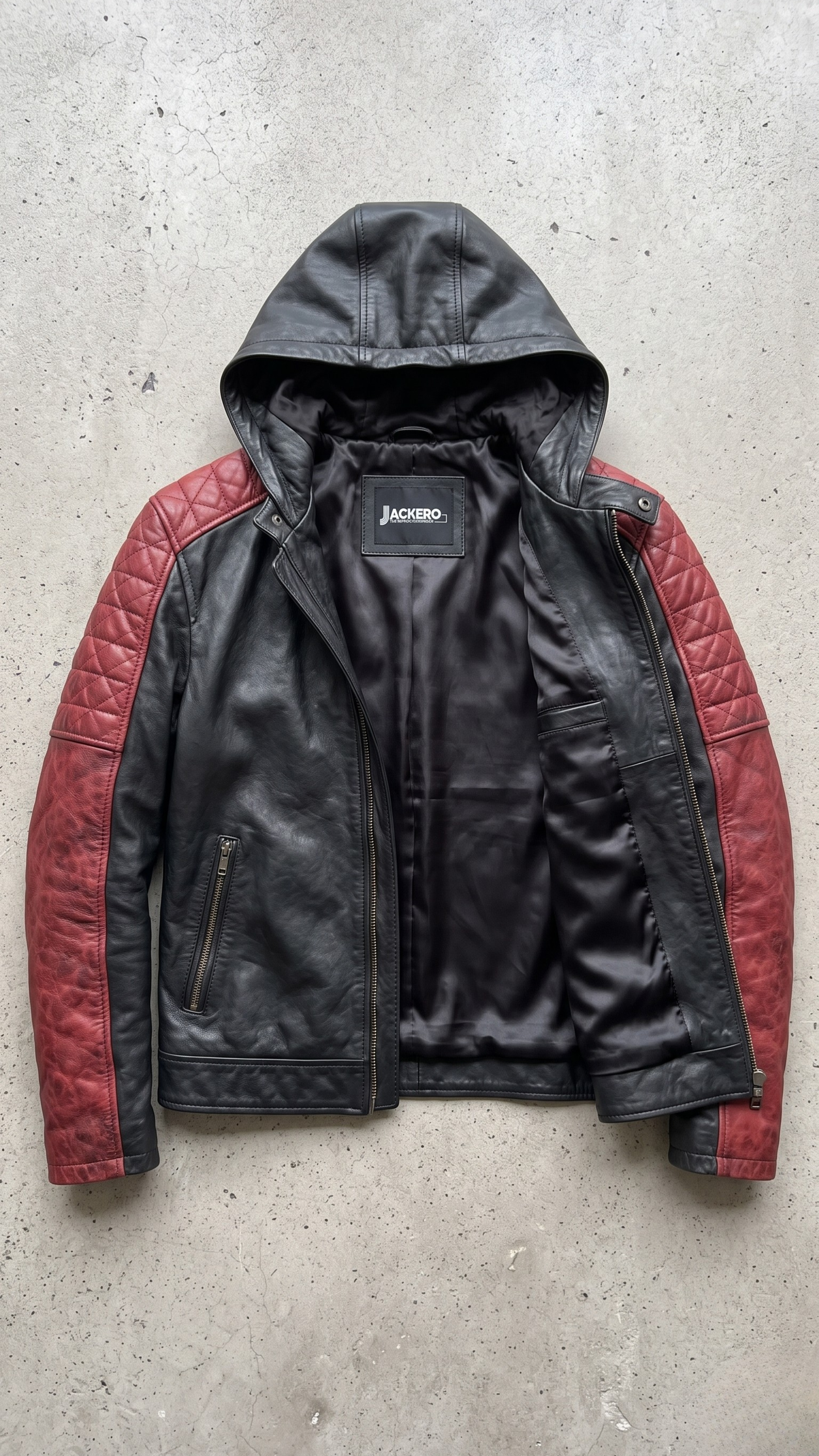 High-quality genuine leather jacket in dark black with contrasting red diamond quilted shoulders and hood.