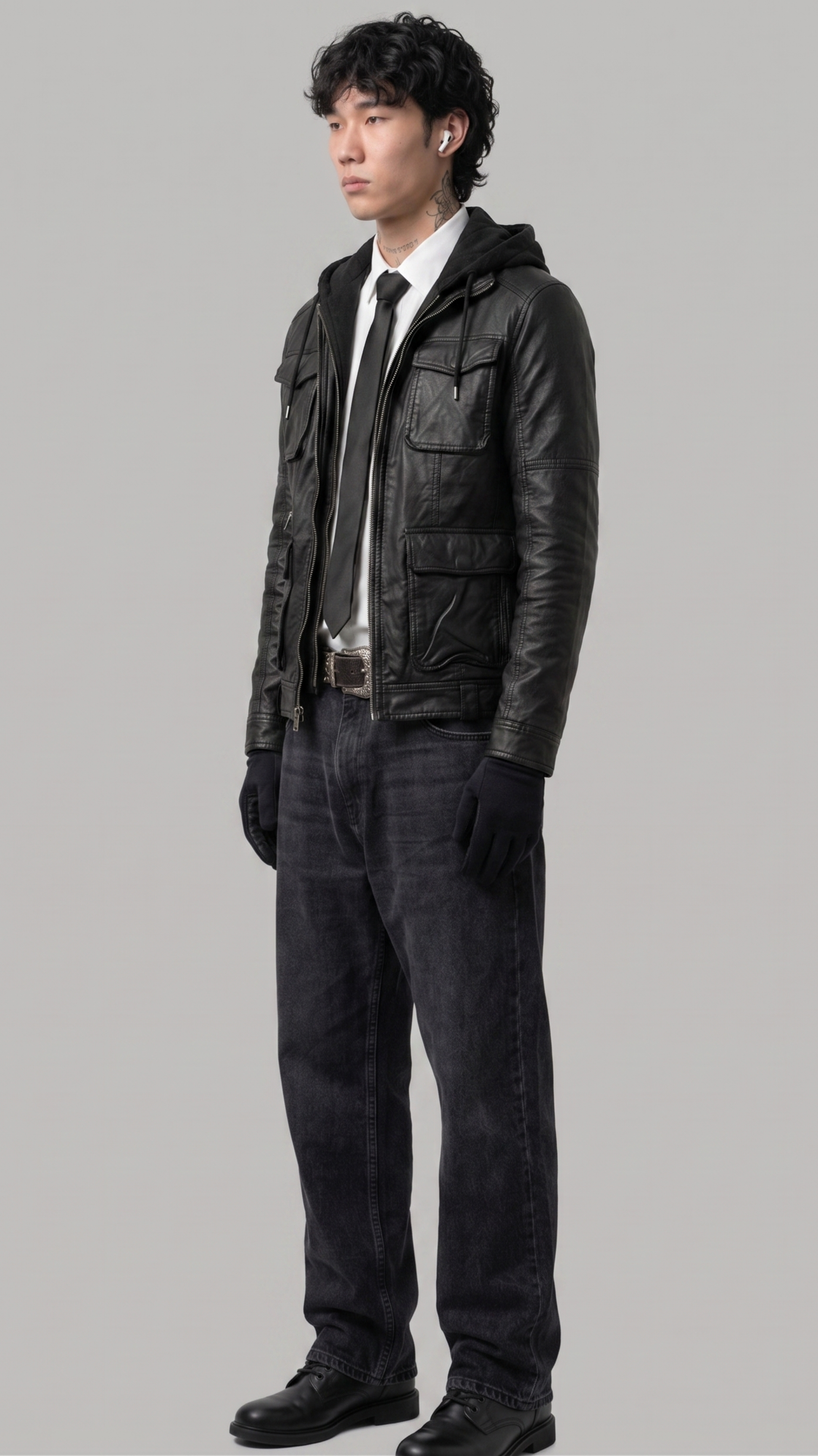 Man wearing a black leather jacket and dark jeans on a gray background