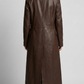 Back view showing the classic long-cut design of a dark brown genuine leather trench coat.