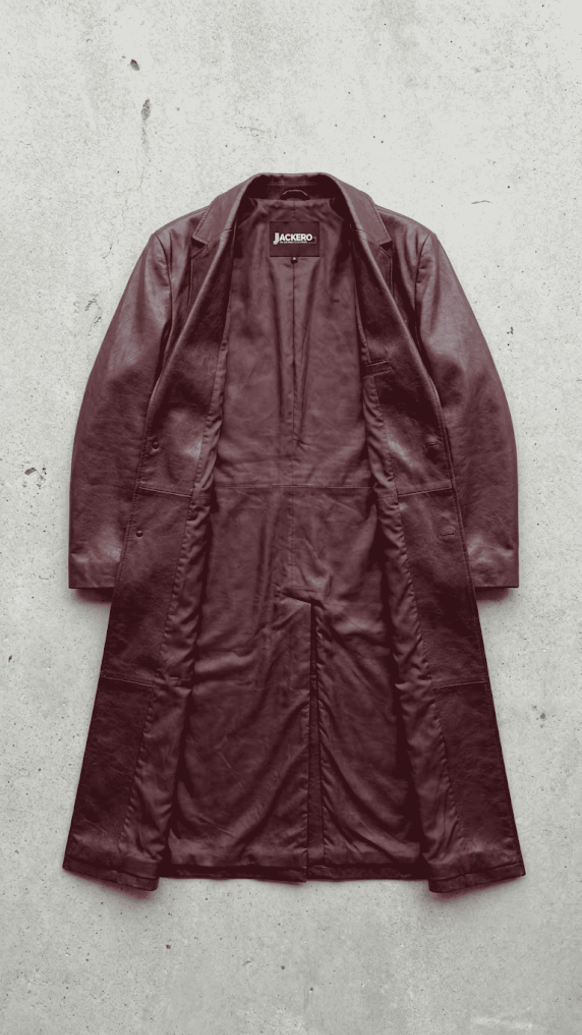 Flat lay view of Jackero dark red vine long leather coat displaying soft inner lining and interior welt pocket