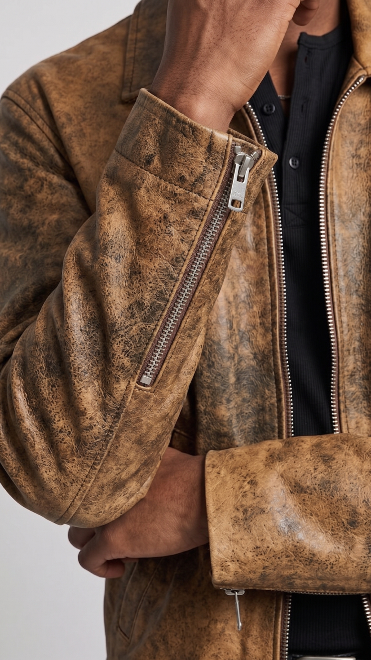 Brown leather jacket with a zipper on a plain background