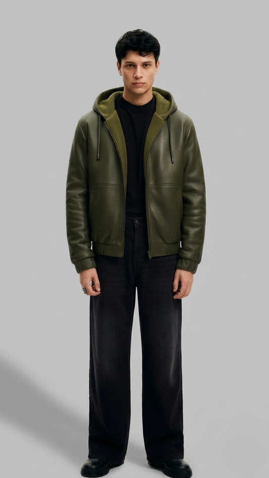 Jackero premium dark green leather bomber jacket featuring a plush white shearling-lined hood and sturdy zip closure.