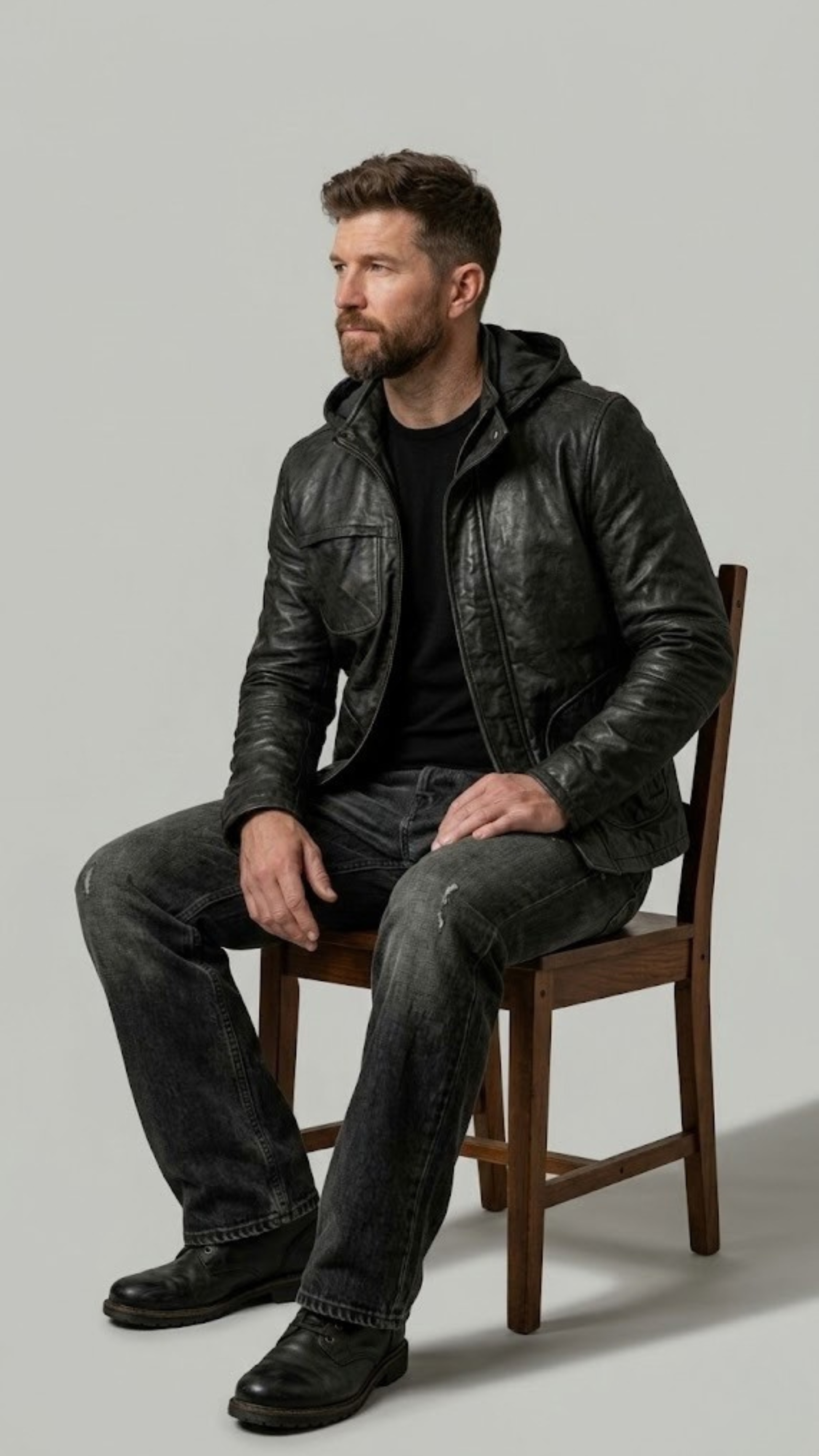 Edgy lifestyle streetwear presentation featuring a black leather motorcycle hoodie jacket styled for an active lifestyle.