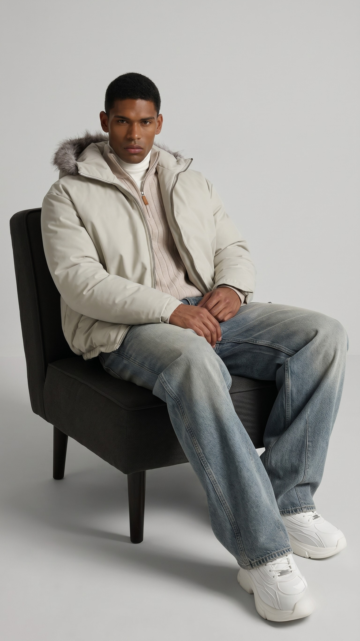 Studio photography of a model in a clean white puffer jacket, perfect for cold winter days.